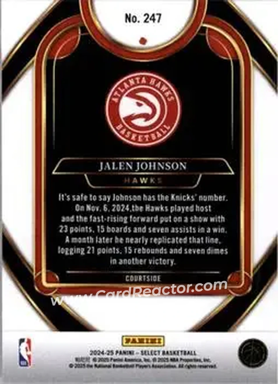 2024-25 Panini Select #247 - Jalen Johnson - Atlanta Hawks - Back