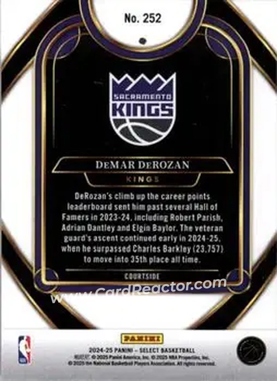 2024-25 Panini Select #252 - DeMar DeRozan - Sacramento Kings - Back