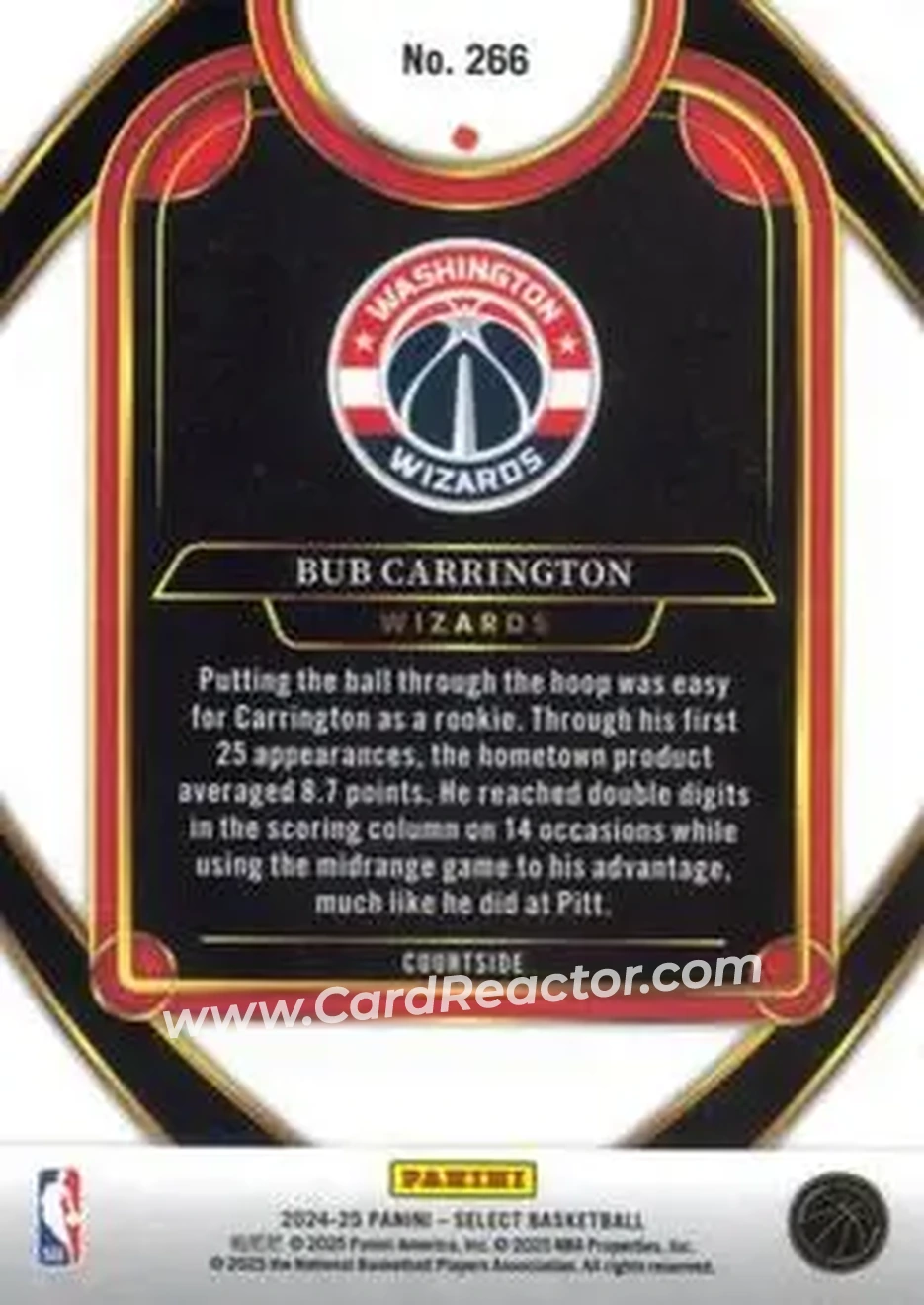 2024-25 Panini Select #266 - Bub Carrington - Washington Wizards - Back 2024-25 Panini Select #266 - Bub Carrington - Washington Wizards - Back