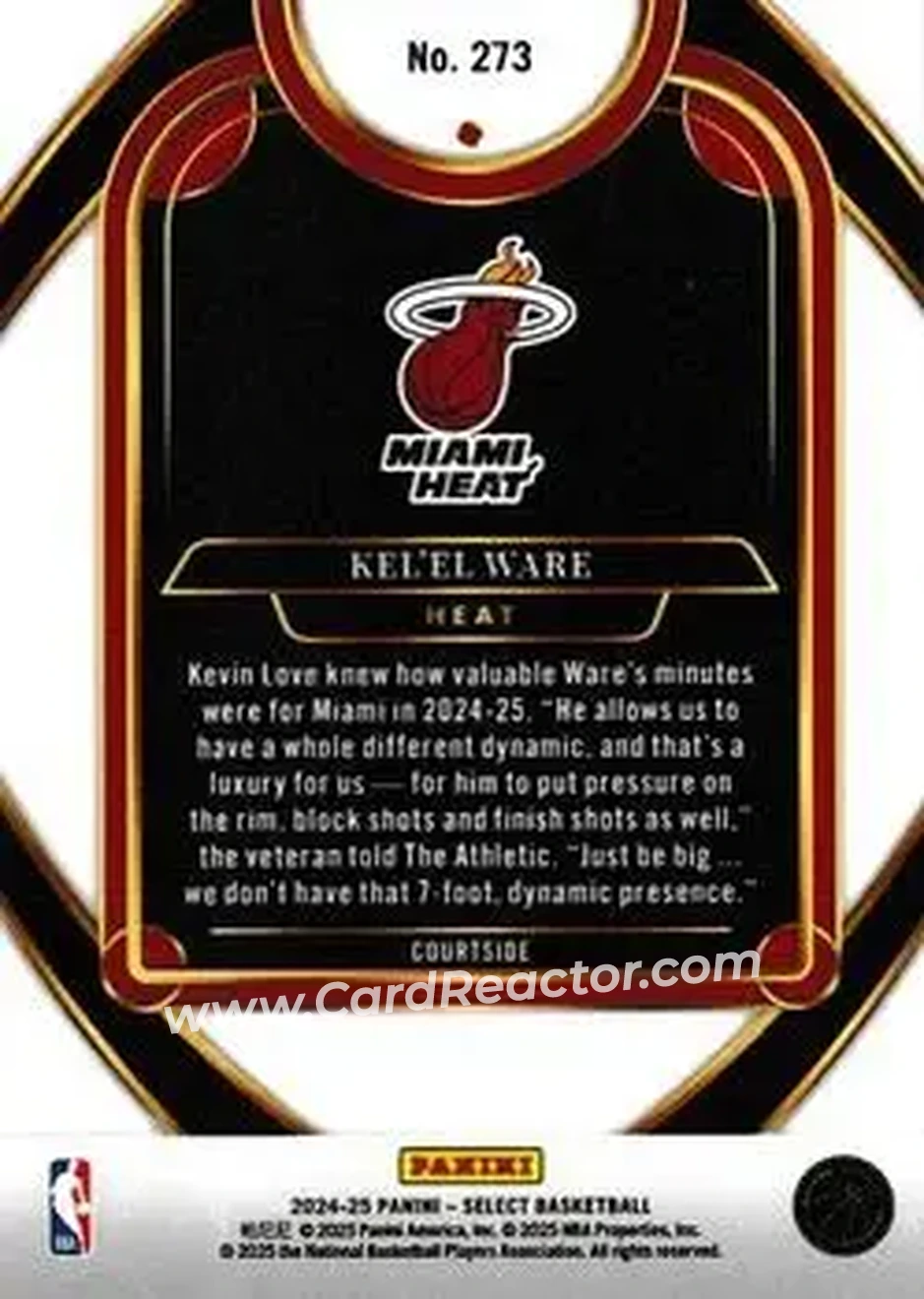 2024-25 Panini Select #273 - Kel'el Ware - Miami Heat - Back 2024-25 Panini Select #273 - Kel'el Ware - Miami Heat - Back