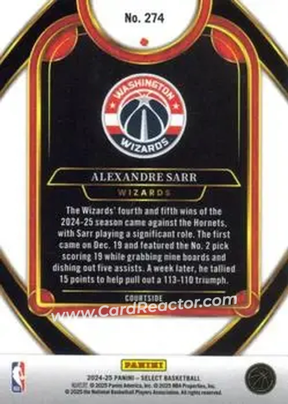 2024-25 Panini Select #274 - Alex Sarr - Washington Wizards - Back 2024-25 Panini Select #274 - Alex Sarr - Washington Wizards - Back