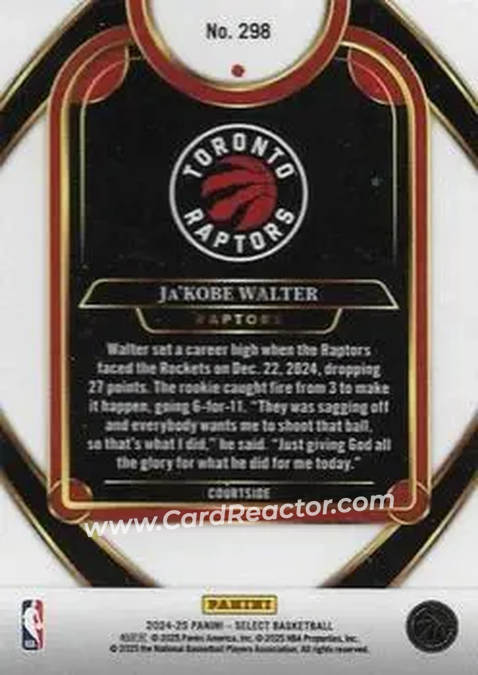 2024-25 Panini Select #298 - Ja'Kobe Walter - Toronto Raptors - Back
