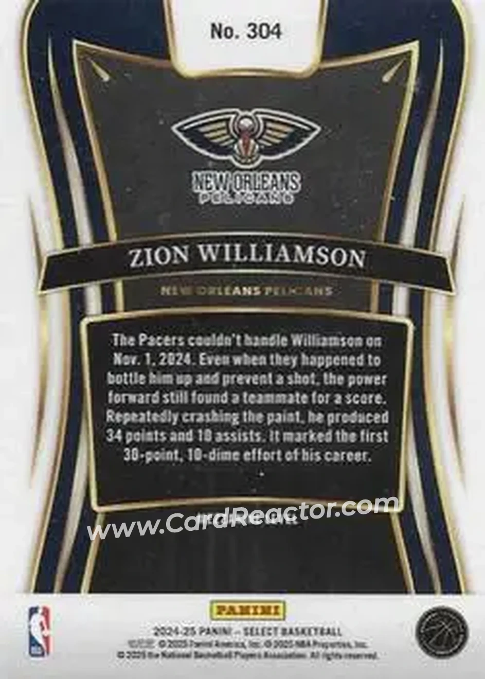 2024-25 Panini Select #304 - Zion Williamson - New Orleans Pelicans - Back 2024-25 Panini Select #304 - Zion Williamson - New Orleans Pelicans - Back