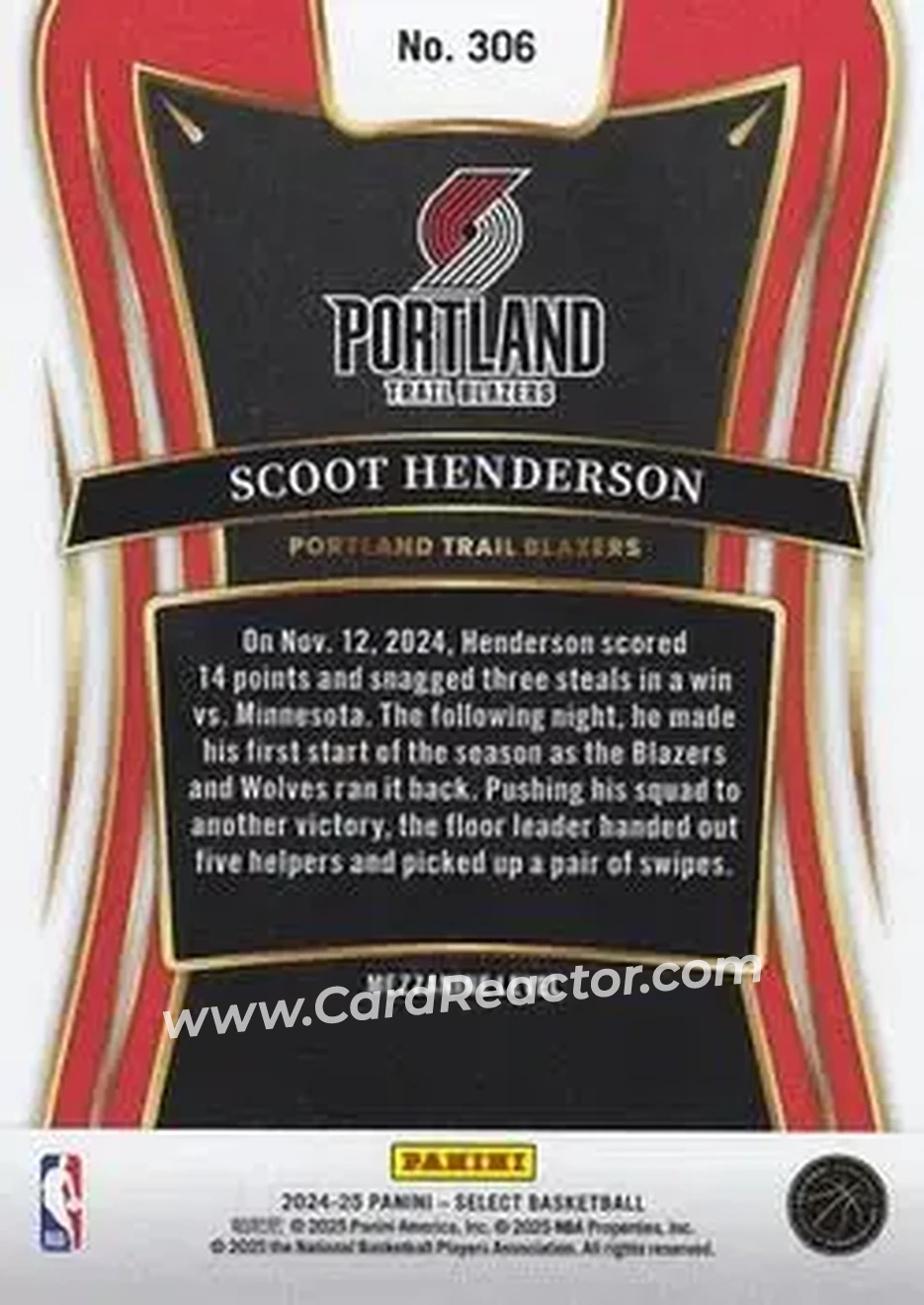 2024-25 Panini Select #306 - Scoot Henderson - Portland Trail Blazers - Back