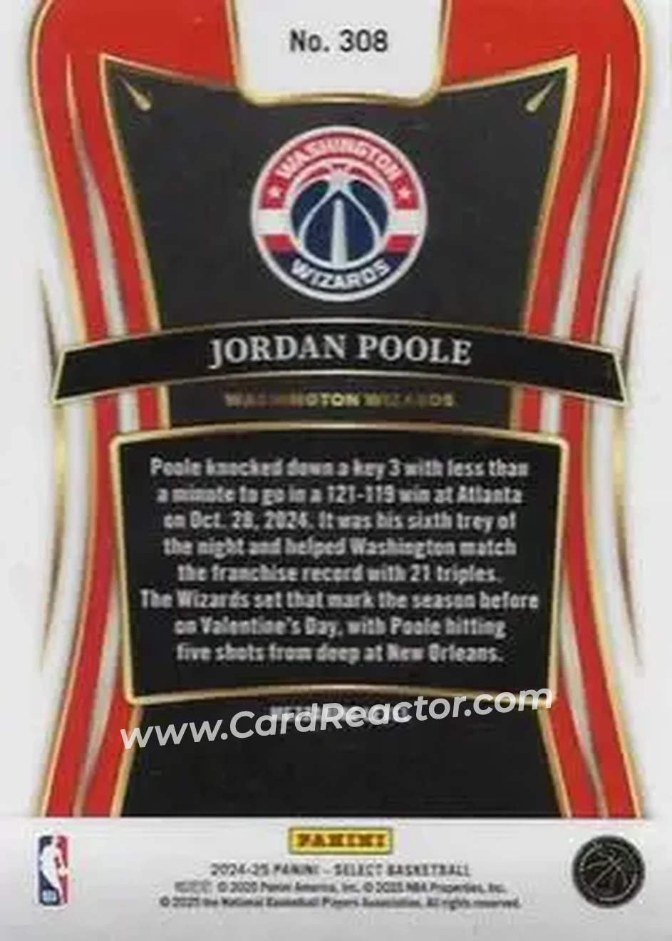 2024-25 Panini Select #308 - Jordan Poole - Washington Wizards - Back