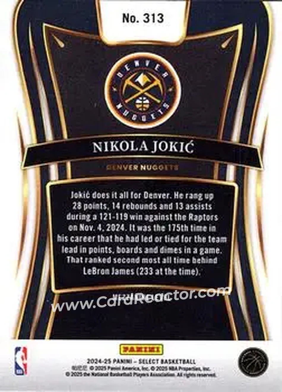 2024-25 Panini Select #313 - Nikola Jokić - Denver Nuggets - Back