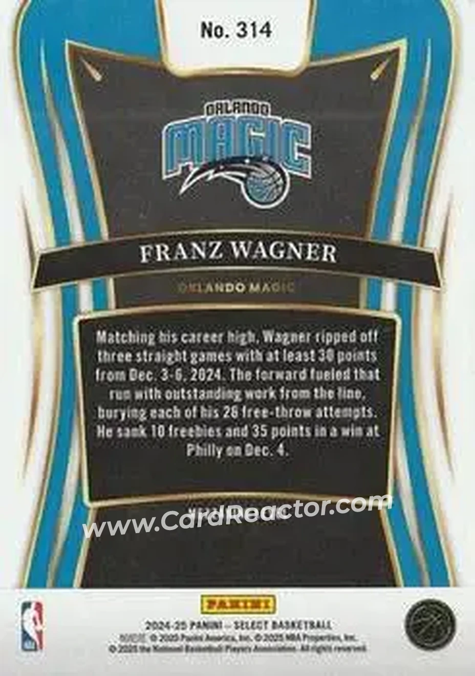 2024-25 Panini Select #314 - Franz Wagner - Orlando Magic - Back 2024-25 Panini Select #314 - Franz Wagner - Orlando Magic - Back