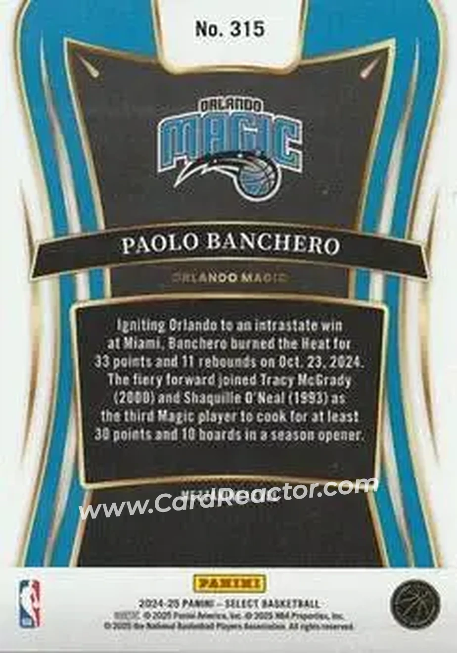 2024-25 Panini Select #315 - Paolo Banchero - Orlando Magic - Back
