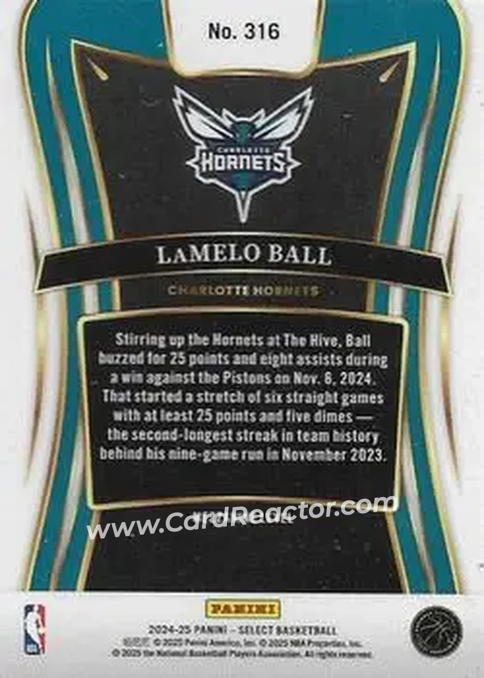 2024-25 Panini Select #316 - LaMelo Ball - Charlotte Hornets - Back