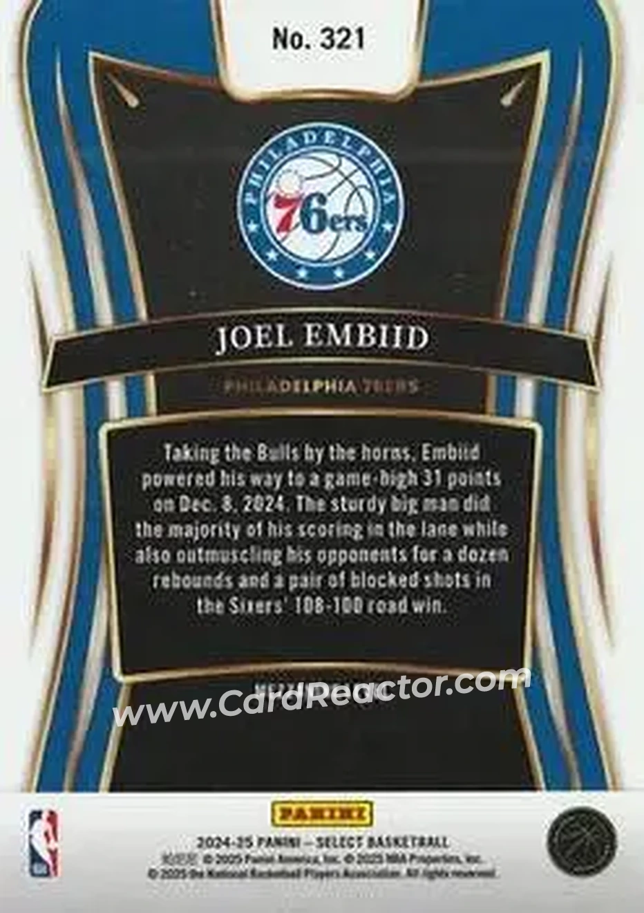 2024-25 Panini Select #321 - Joel Embiid - Philadelphia 76ers - Back 2024-25 Panini Select #321 - Joel Embiid - Philadelphia 76ers - Back