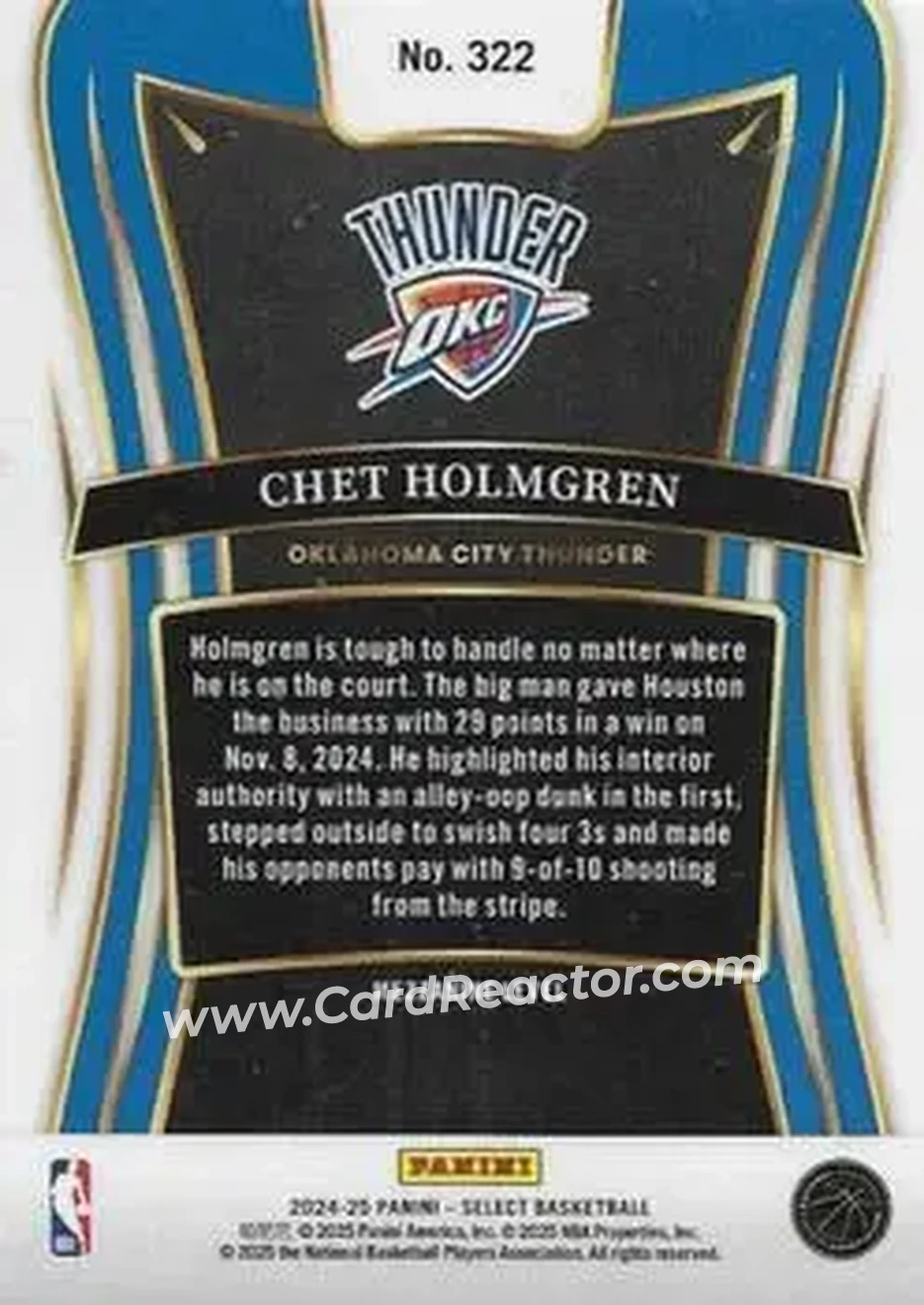 2024-25 Panini Select #322 - Chet Holmgren - Oklahoma City Thunder - Back