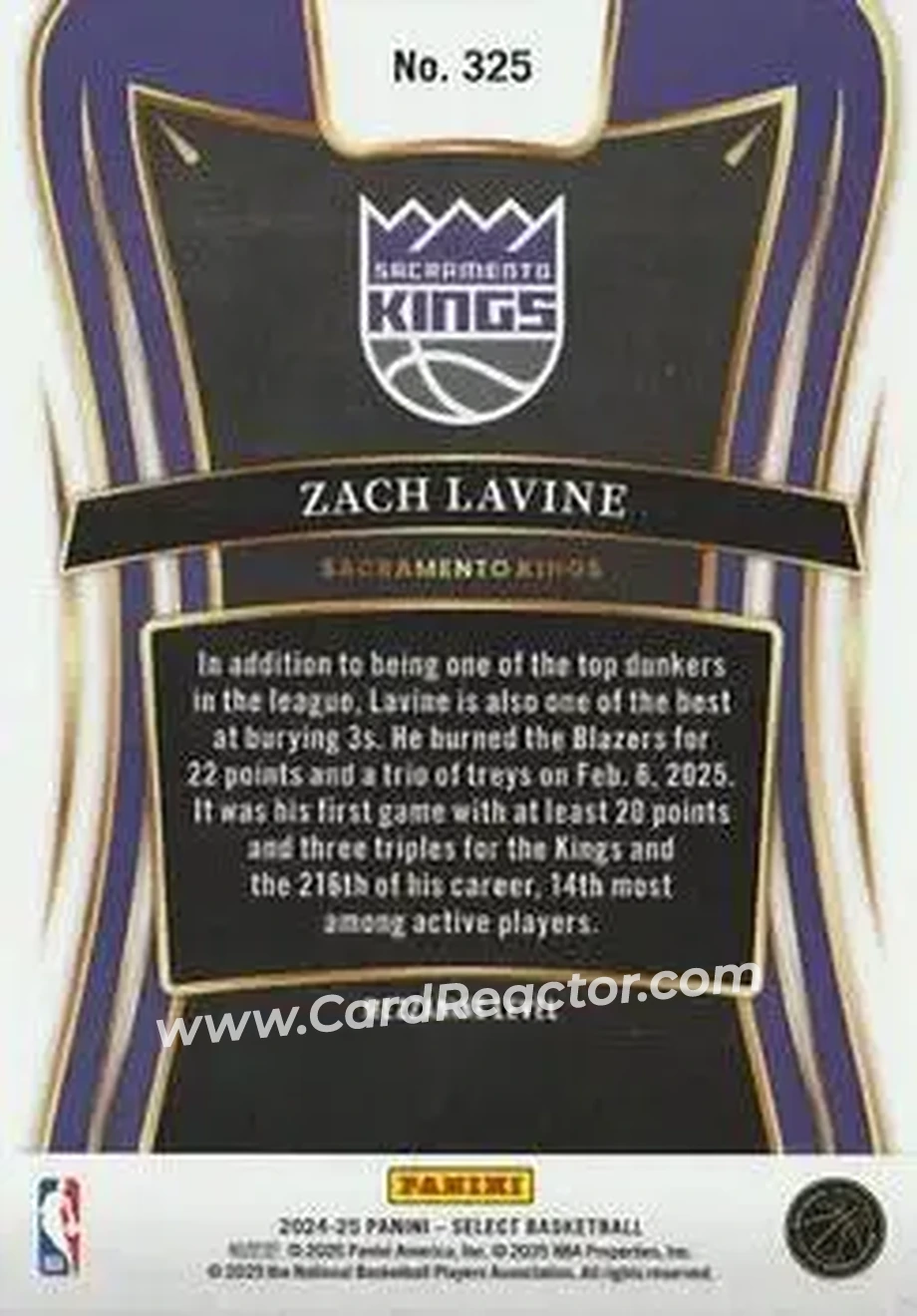 2024-25 Panini Select #325 - Zach LaVine - Sacramento Kings - Back