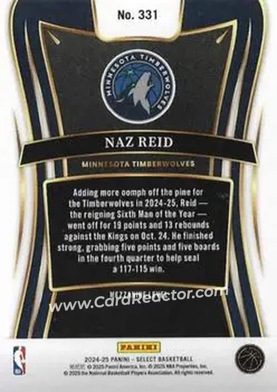 2024-25 Panini Select #331 - Naz Reid - Minnesota Timberwolves - Back 2024-25 Panini Select #331 - Naz Reid - Minnesota Timberwolves - Back