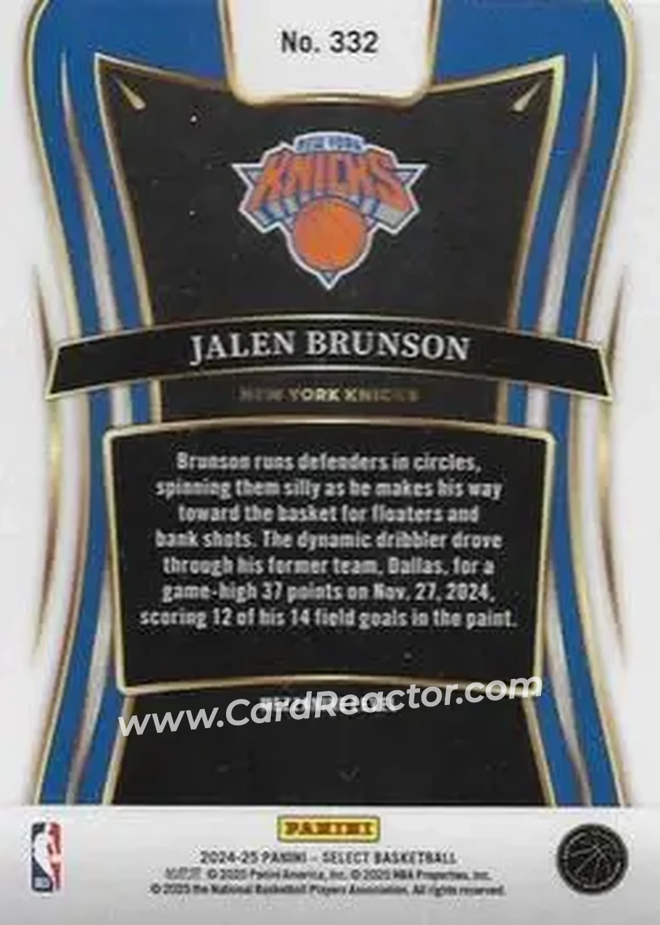 2024-25 Panini Select #332 - Jalen Brunson - New York Knicks - Back