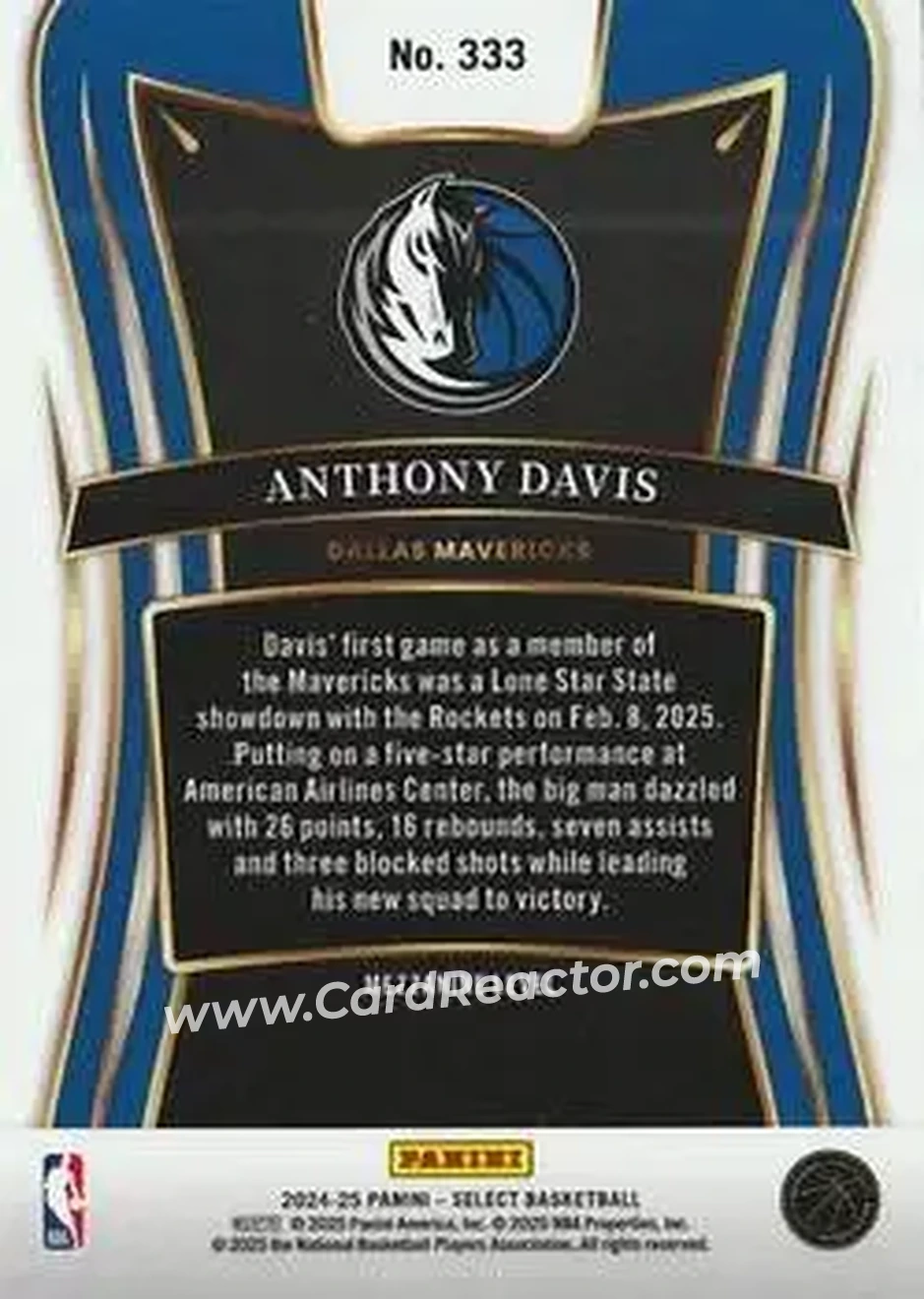 2024-25 Panini Select #333 - Anthony Davis - Dallas Mavericks - Back