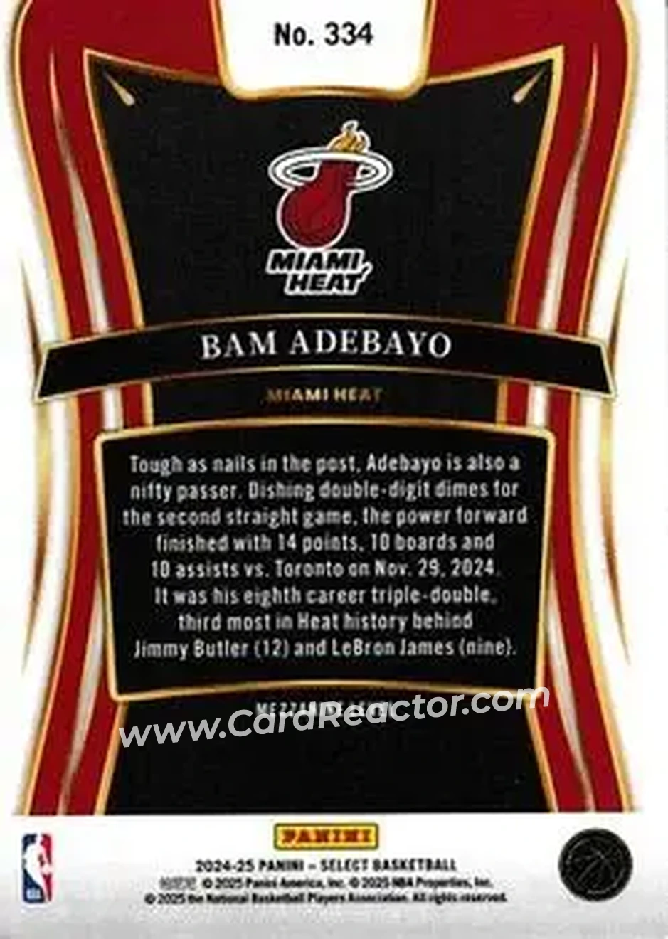 2024-25 Panini Select #334 - Bam Adebayo - Miami Heat - Back