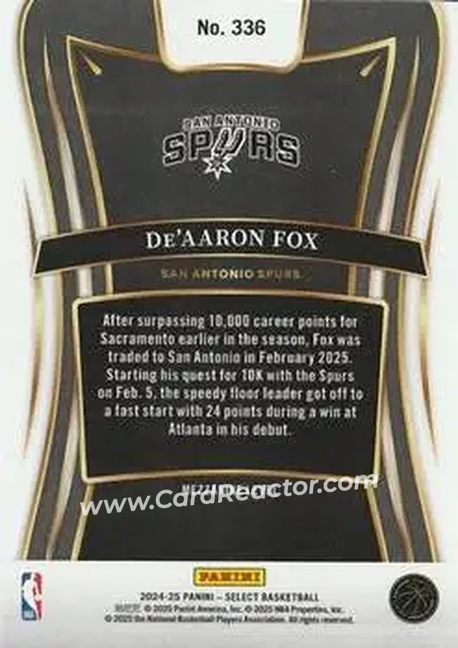 2024-25 Panini Select #336 - De'Aaron Fox - San Antonio Spurs - Back