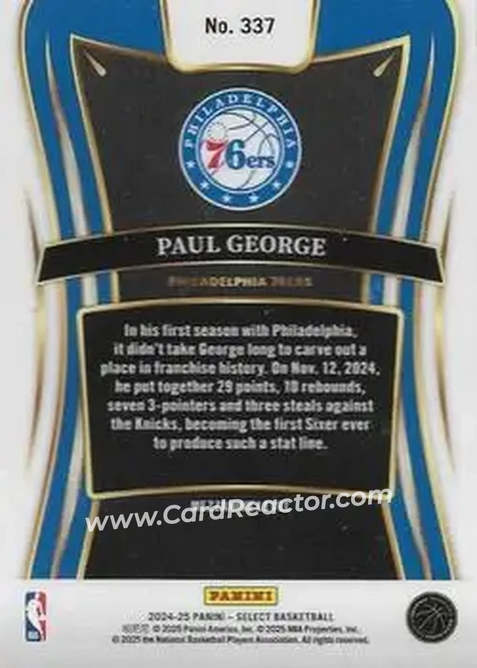 2024-25 Panini Select #337 - Paul George - Philadelphia 76ers - Back