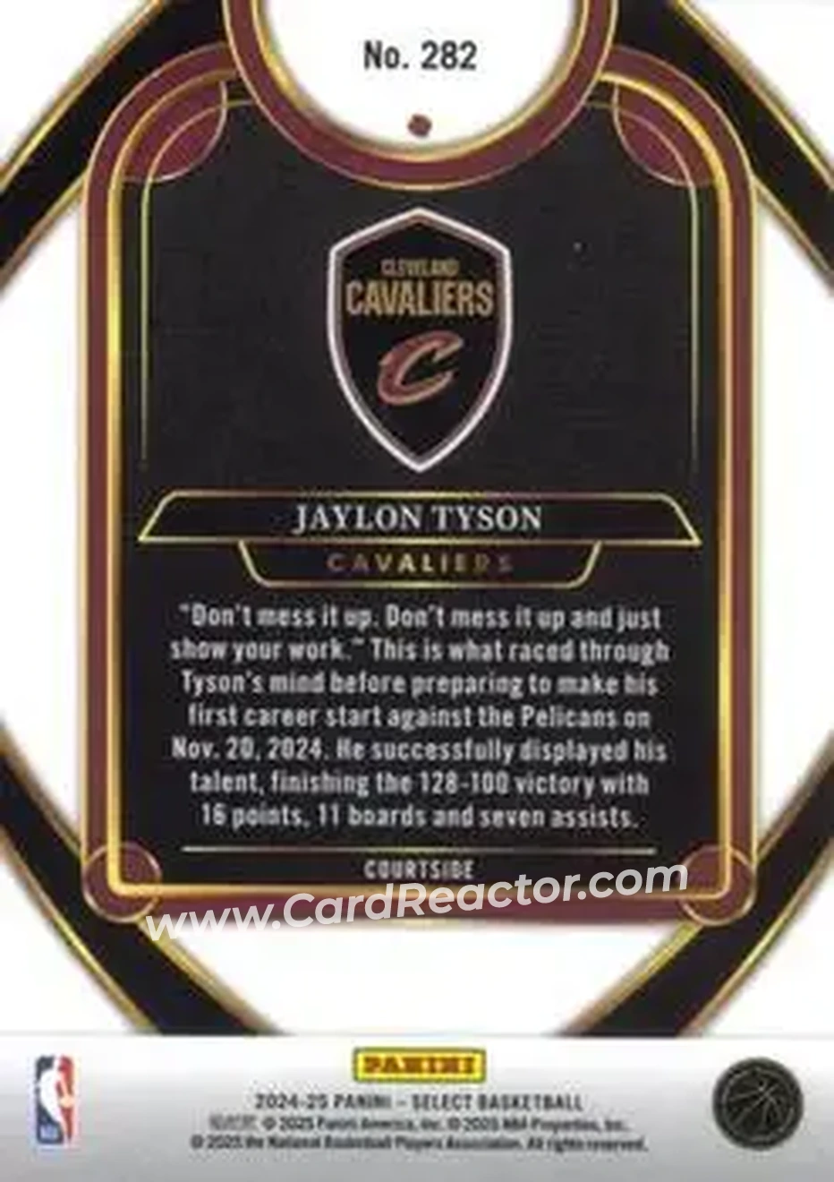 2024-25 Panini Select #282 - Jaylon Tyson - Cleveland Cavaliers - Back