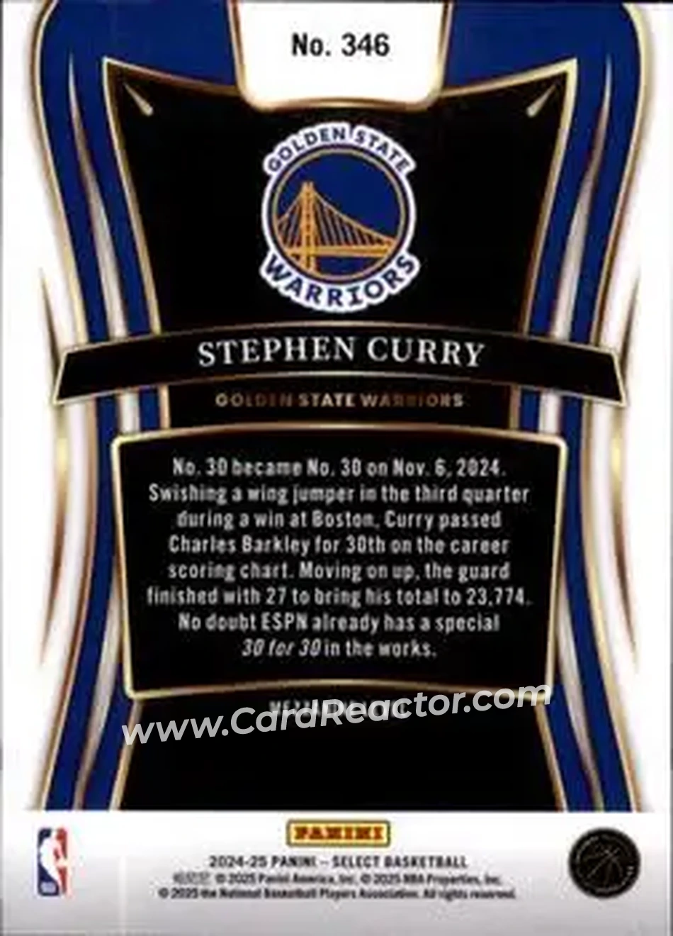 2024-25 Panini Select #346 - Stephen Curry - Golden State Warriors - Back