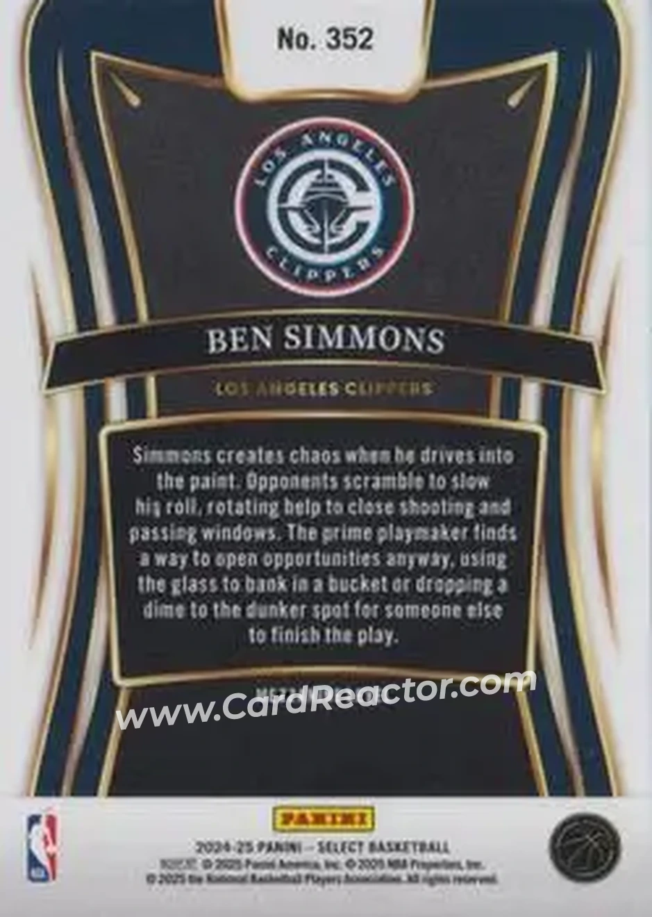 2024-25 Panini Select #352 - Ben Simmons - Los Angeles Clippers - Back