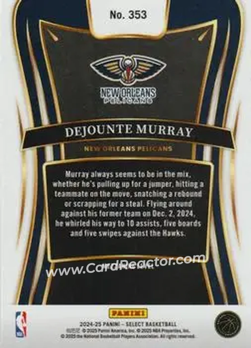 2024-25 Panini Select #353 - Dejounte Murray - New Orleans Pelicans - Back