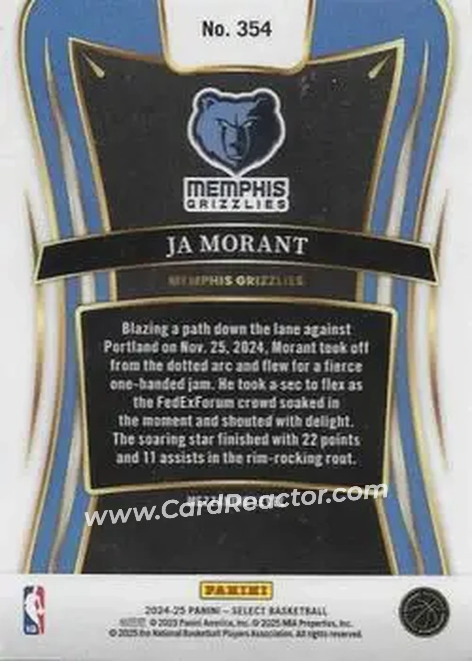 2024-25 Panini Select #354 - Ja Morant - Memphis Grizzlies - Back 2024-25 Panini Select #354 - Ja Morant - Memphis Grizzlies - Back