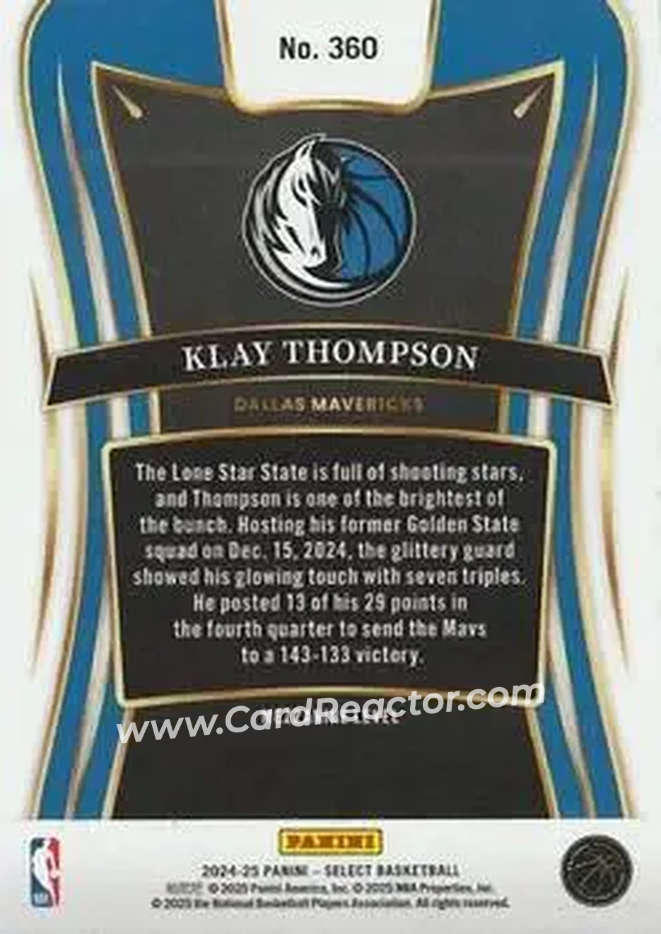 2024-25 Panini Select #360 - Klay Thompson - Dallas Mavericks - Back 2024-25 Panini Select #360 - Klay Thompson - Dallas Mavericks - Back