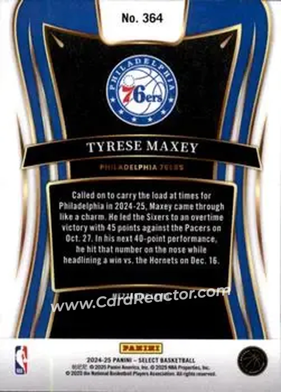 2024-25 Panini Select #364 - Tyrese Maxey - Philadelphia 76ers - Back
