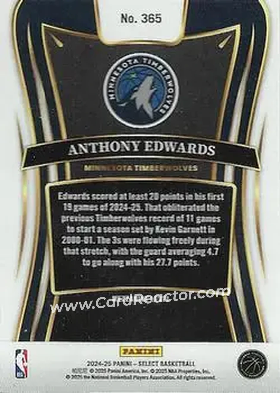 2024-25 Panini Select #365 - Anthony Edwards - Minnesota Timberwolves - Back