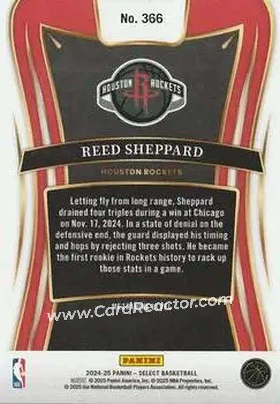 2024-25 Panini Select #366 - Reed Sheppard - Houston Rockets - Back