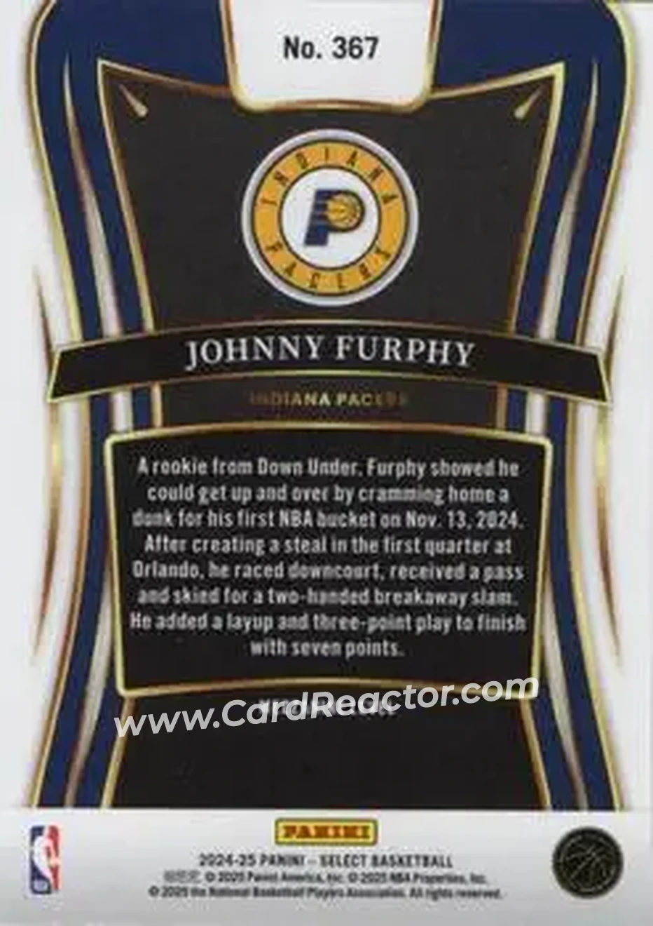 2024-25 Panini Select #367 - Johnny Furphy - Indiana Pacers - Back