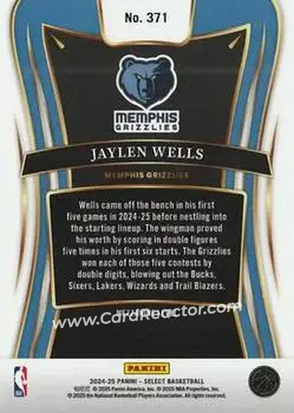 2024-25 Panini Select #371 - Jaylen Wells - Memphis Grizzlies - Back