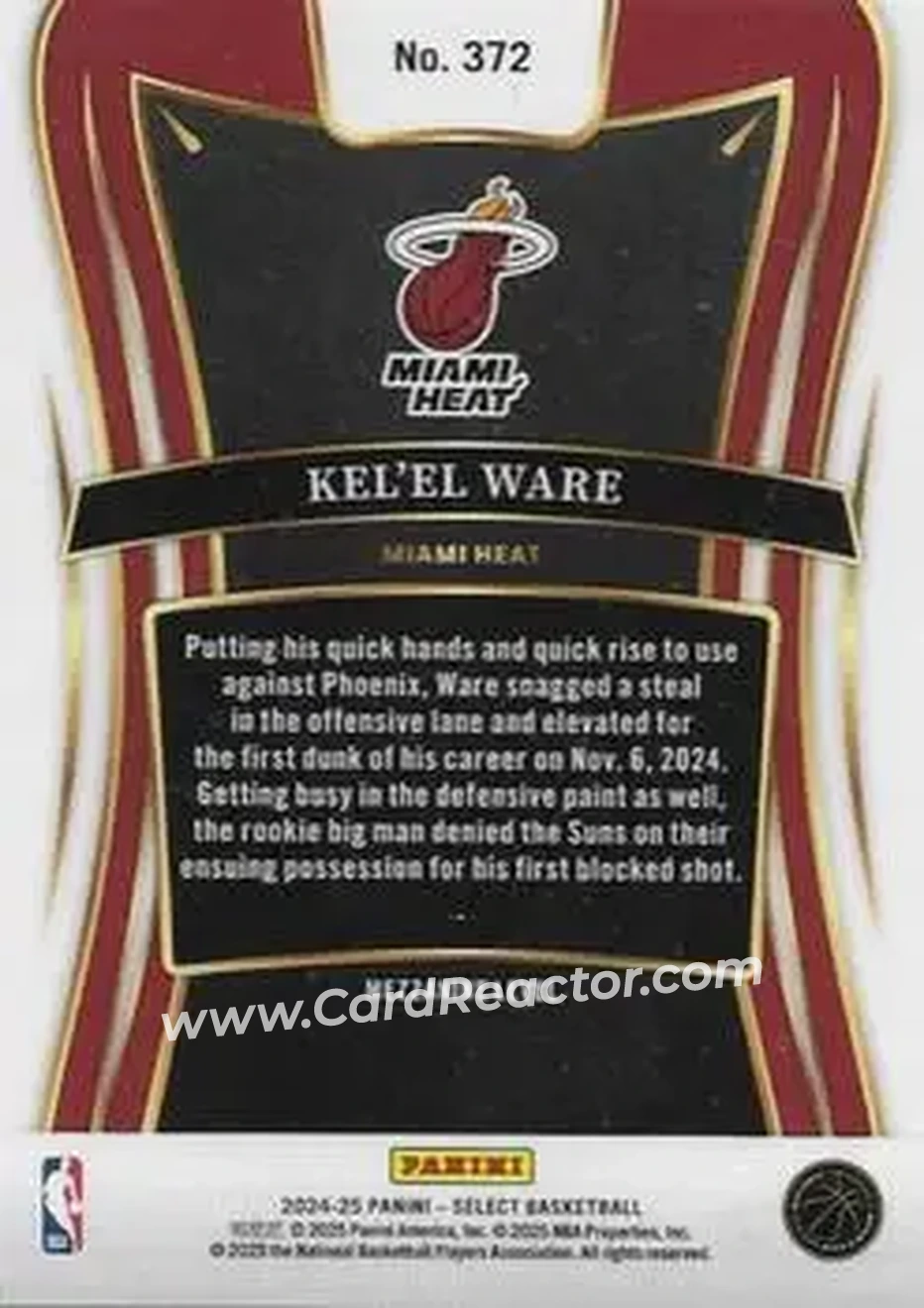 2024-25 Panini Select #372 - Kel'el Ware - Miami Heat - Back