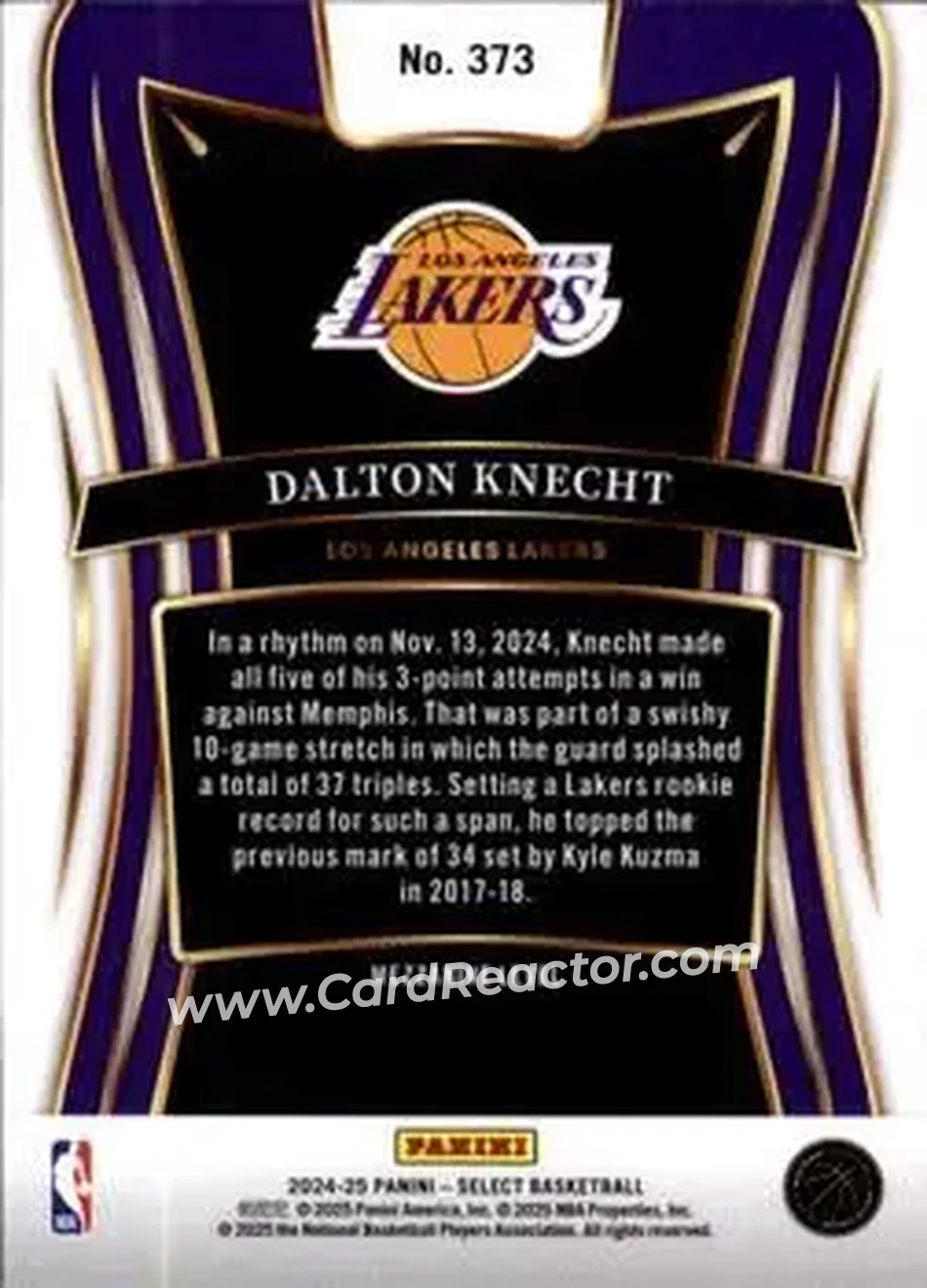 2024-25 Panini Select #373 - Dalton Knecht - Los Angeles Lakers - Back