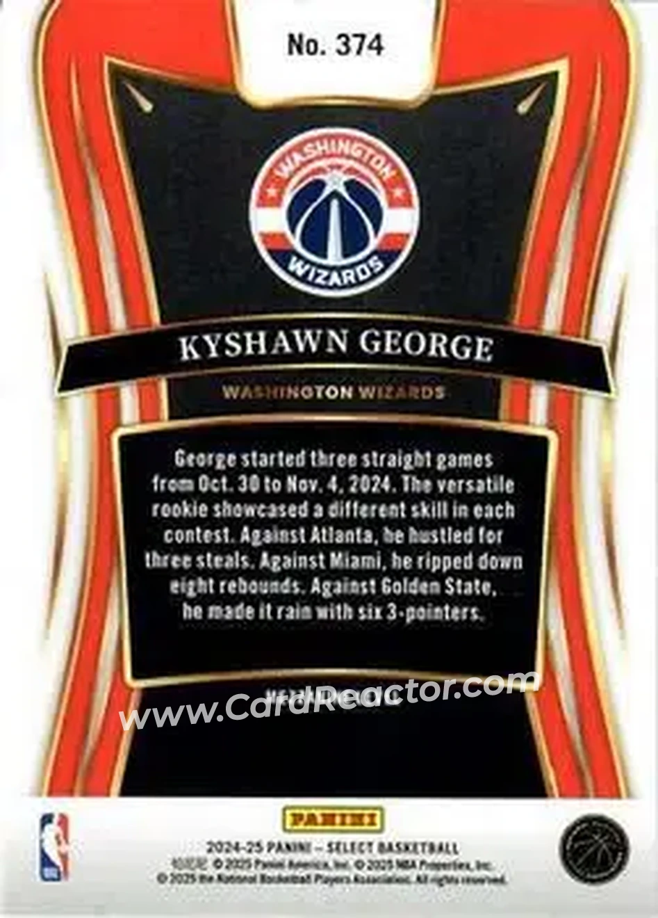 2024-25 Panini Select #374 - Kyshawn George - Washington Wizards - Back