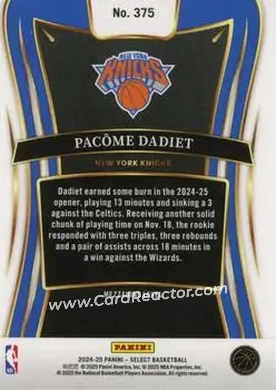 2024-25 Panini Select #375 - Pacome Dadiet - New York Knicks - Back 2024-25 Panini Select #375 - Pacome Dadiet - New York Knicks - Back