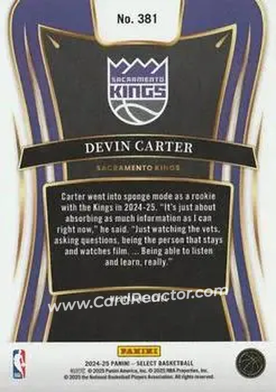 2024-25 Panini Select #381 - Devin Carter - Sacramento Kings - Back