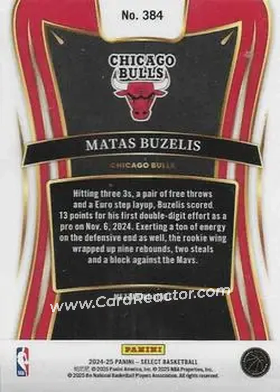 2024-25 Panini Select #384 - Matas Buzelis - Chicago Bulls - Back 2024-25 Panini Select #384 - Matas Buzelis - Chicago Bulls - Back