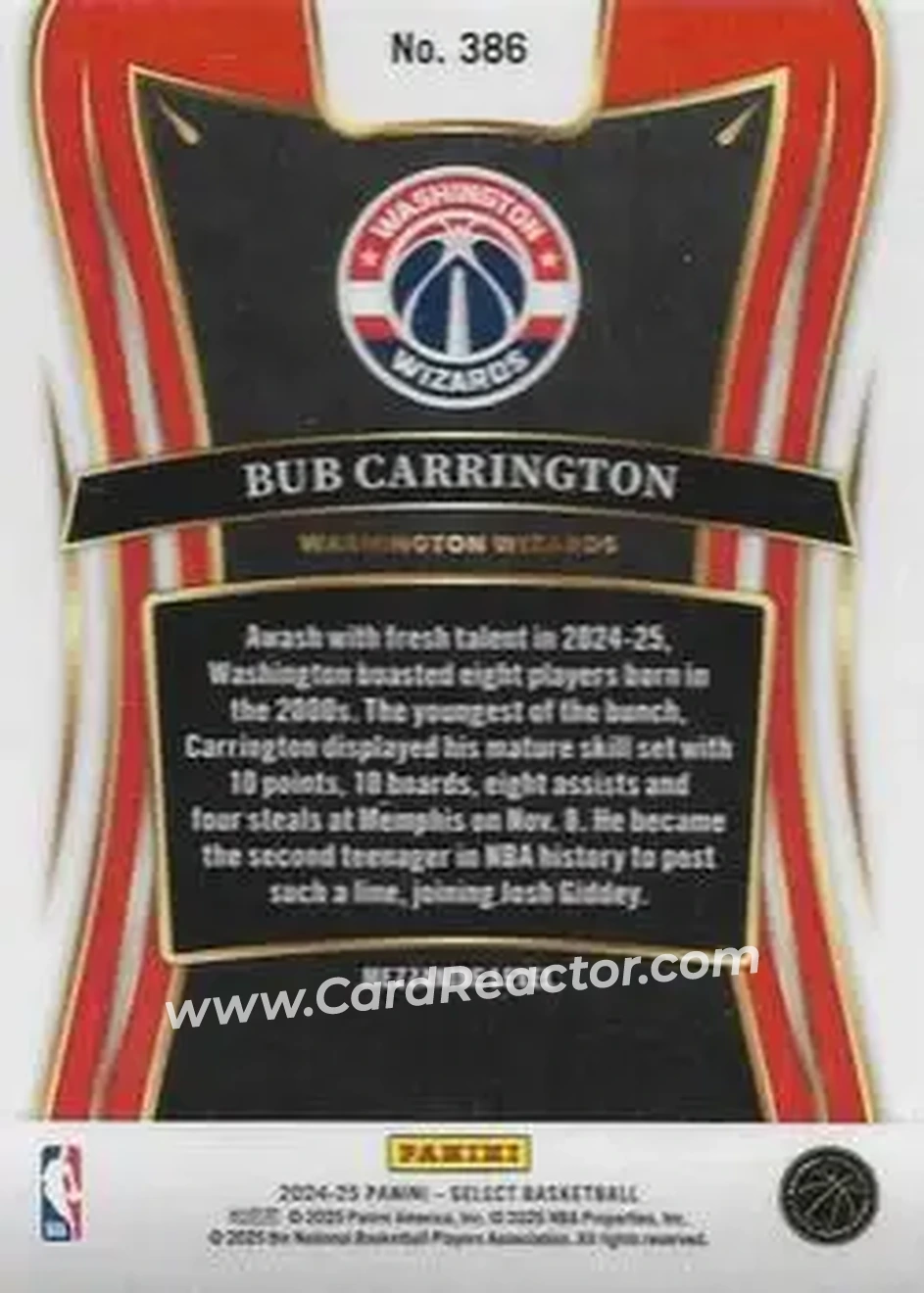 2024-25 Panini Select #386 - Bub Carrington - Washington Wizards - Back