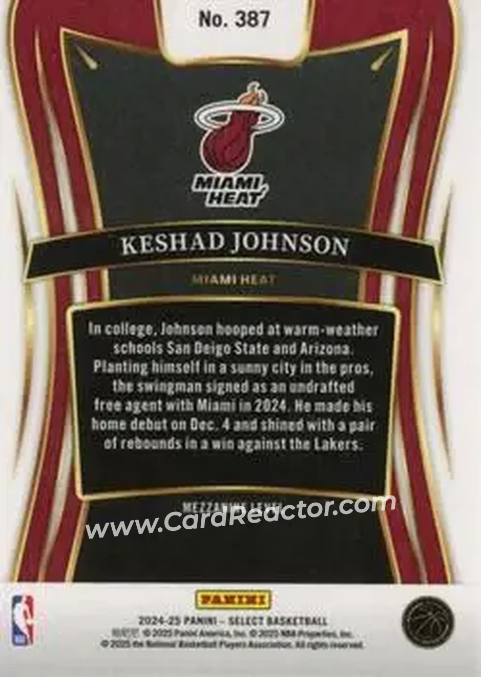 2024-25 Panini Select #387 - Keshad Johnson - Miami Heat - Back
