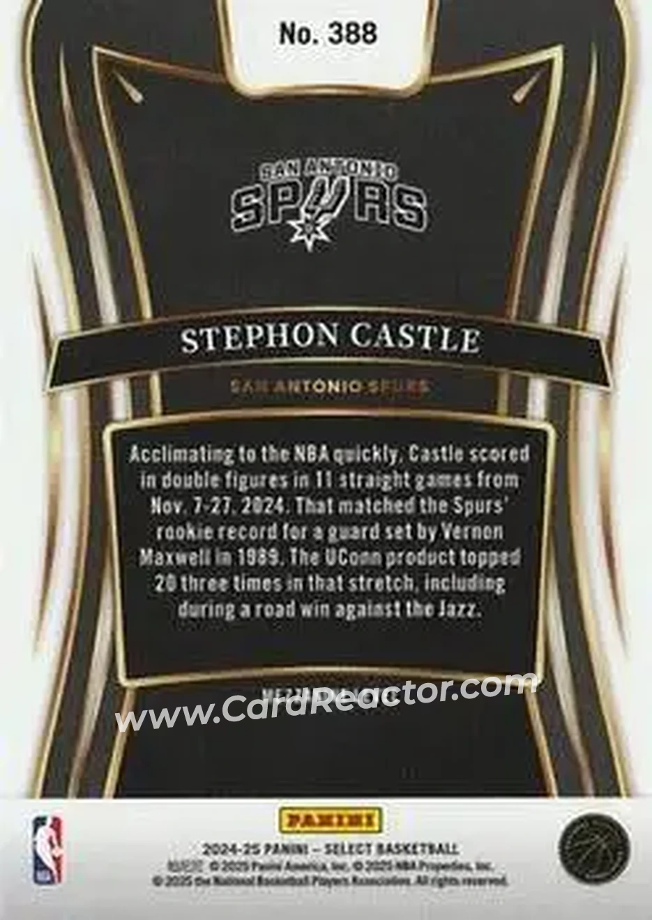 2024-25 Panini Select #388 - Stephon Castle - San Antonio Spurs - Back 2024-25 Panini Select #388 - Stephon Castle - San Antonio Spurs - Back