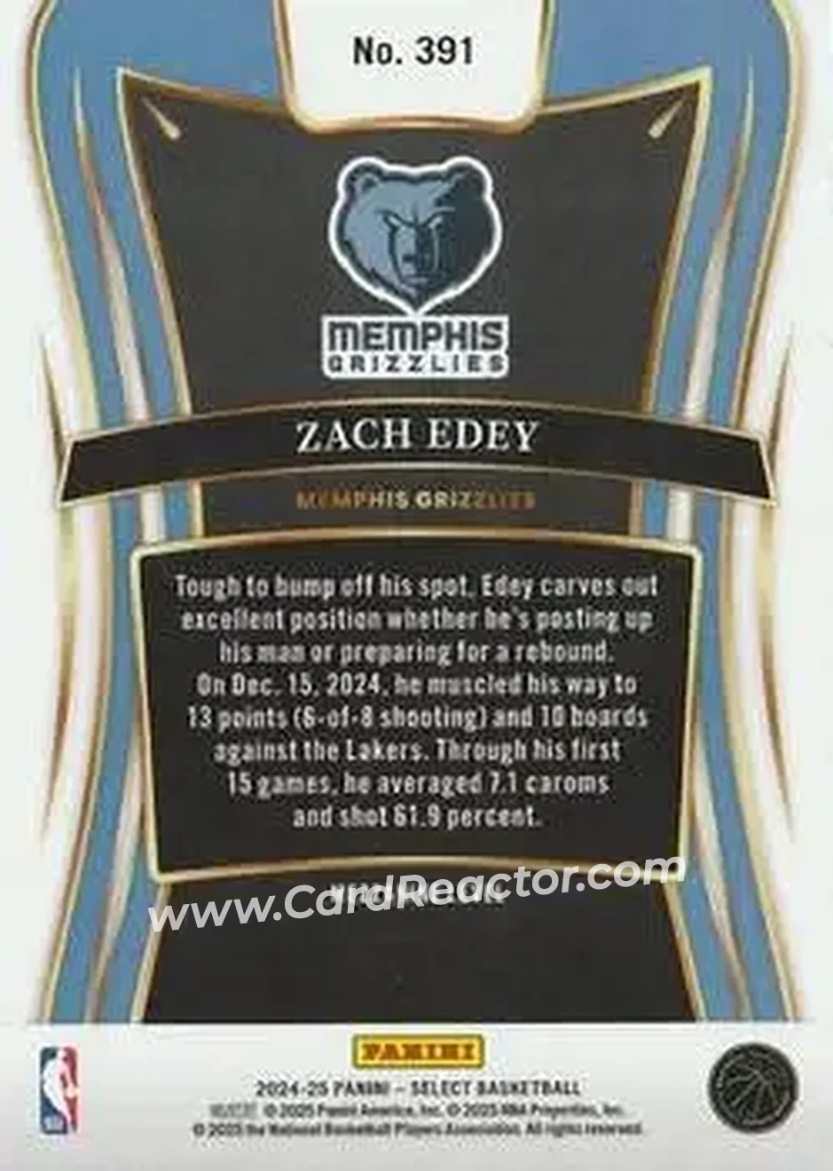 2024-25 Panini Select #391 - Zach Edey - Memphis Grizzlies - Back 2024-25 Panini Select #391 - Zach Edey - Memphis Grizzlies - Back