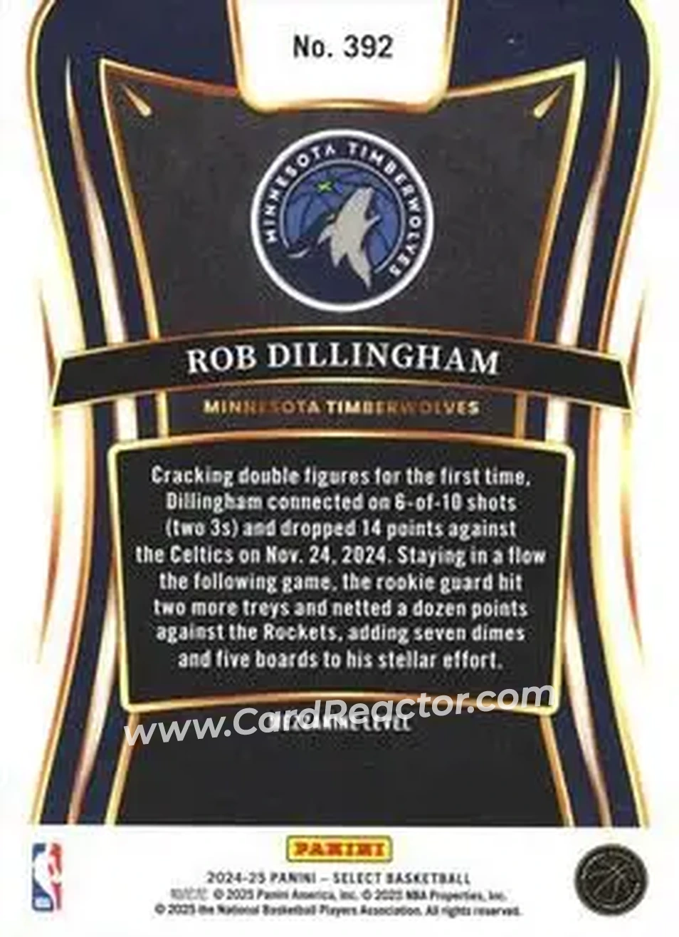 2024-25 Panini Select #392 - Rob Dillingham - Minnesota Timberwolves - Back