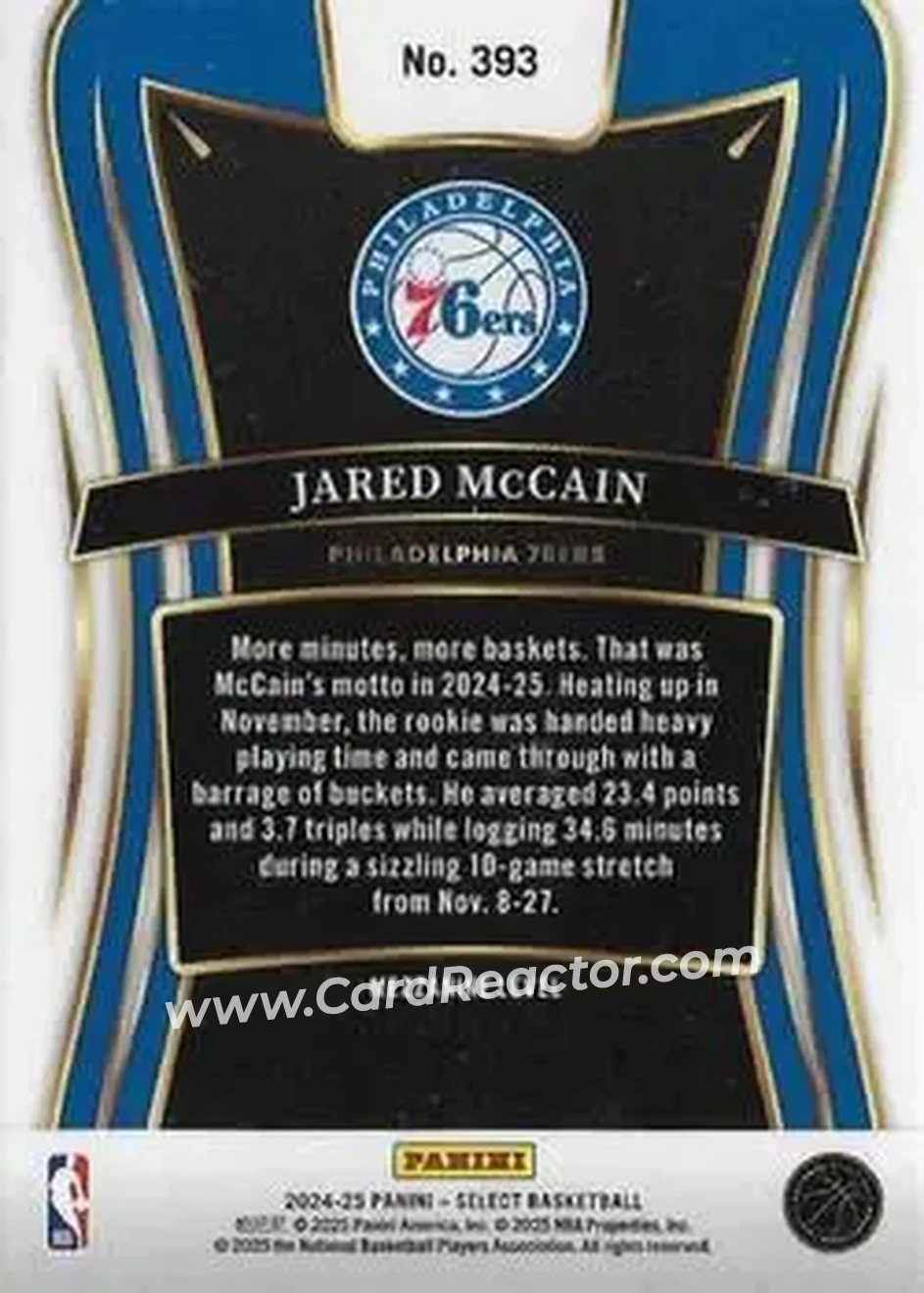 2024-25 Panini Select #393 - Jared McCain - Philadelphia 76ers - Back