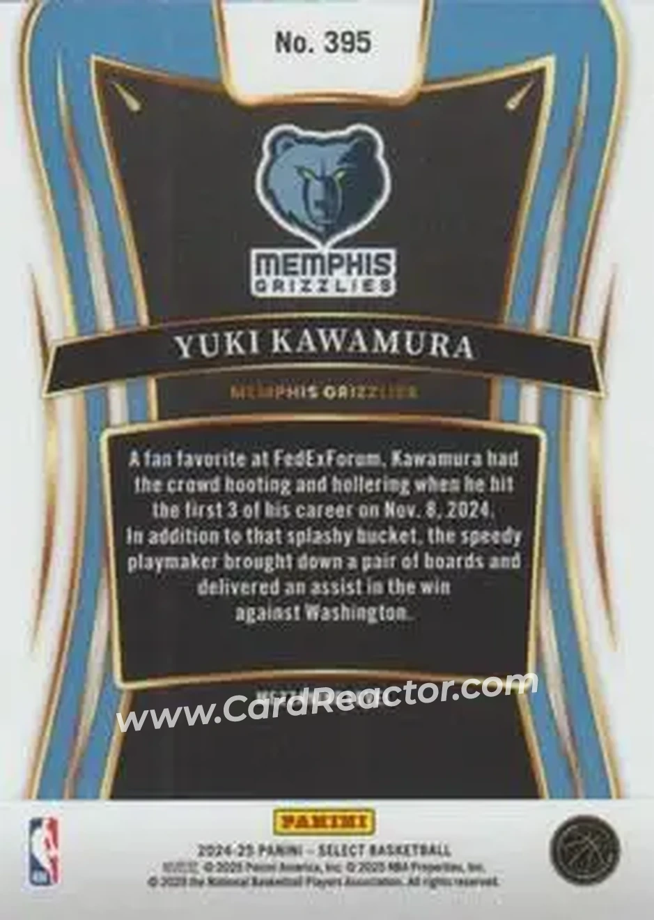 2024-25 Panini Select #395 - Yuki Kawamura - Memphis Grizzlies - Back 2024-25 Panini Select #395 - Yuki Kawamura - Memphis Grizzlies - Back