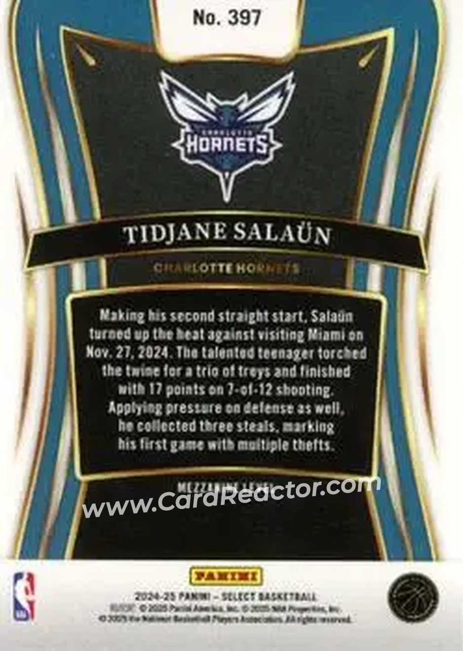 2024-25 Panini Select #397 - Tidjane Salaün - Charlotte Hornets - Back