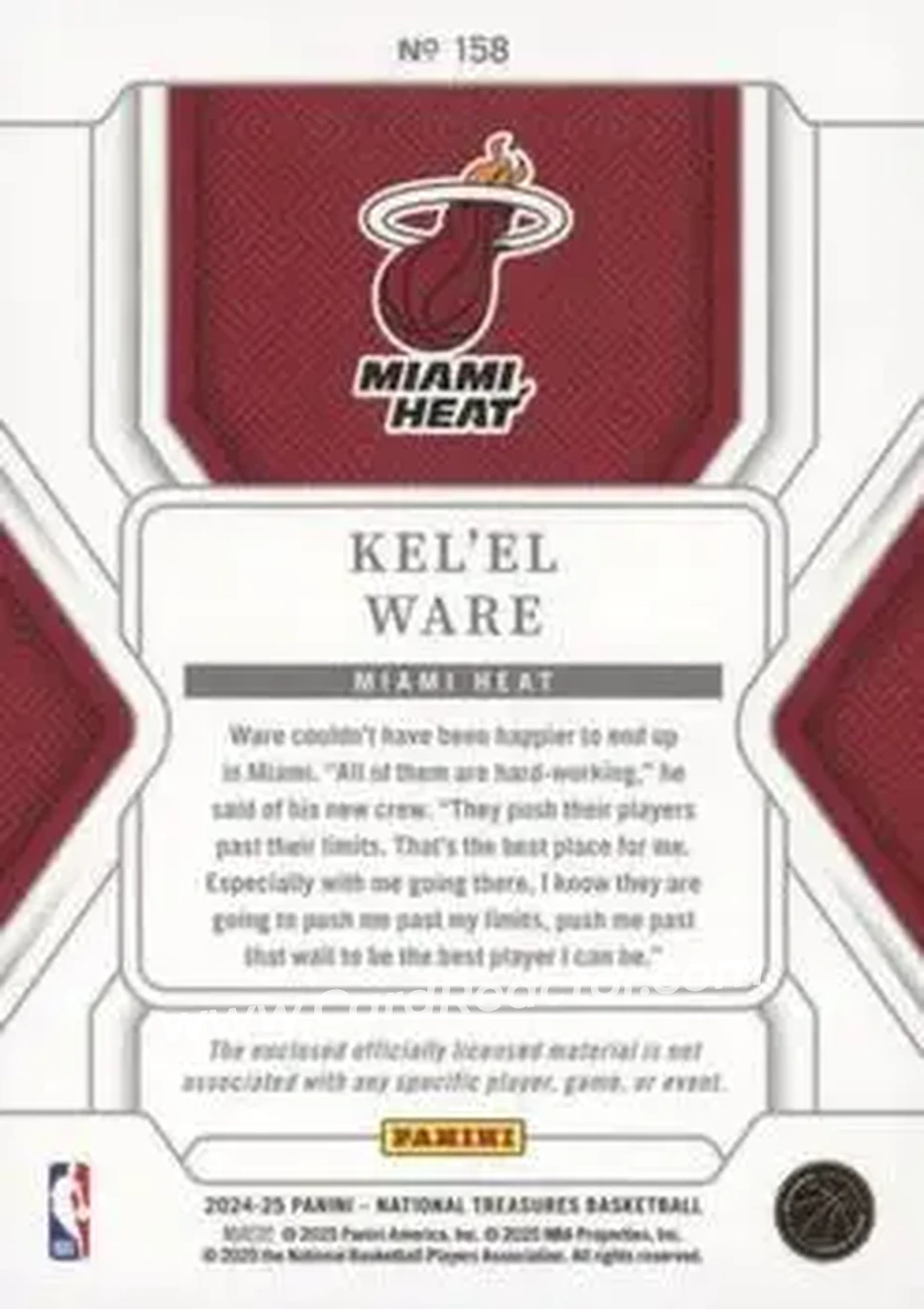 2024-25 Panini National Treasures #158 - Kel'el Ware - Miami Heat - Back 2024-25 Panini National Treasures #158 - Kel'el Ware - Miami Heat - Back