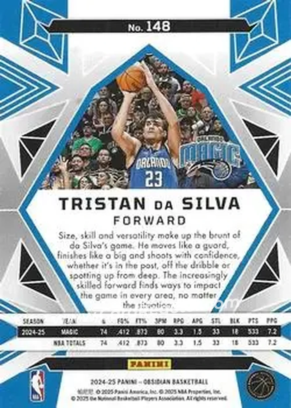 2024-25 Panini Obsidian #148 - Tristan Da Silva - Orlando Magic - Back