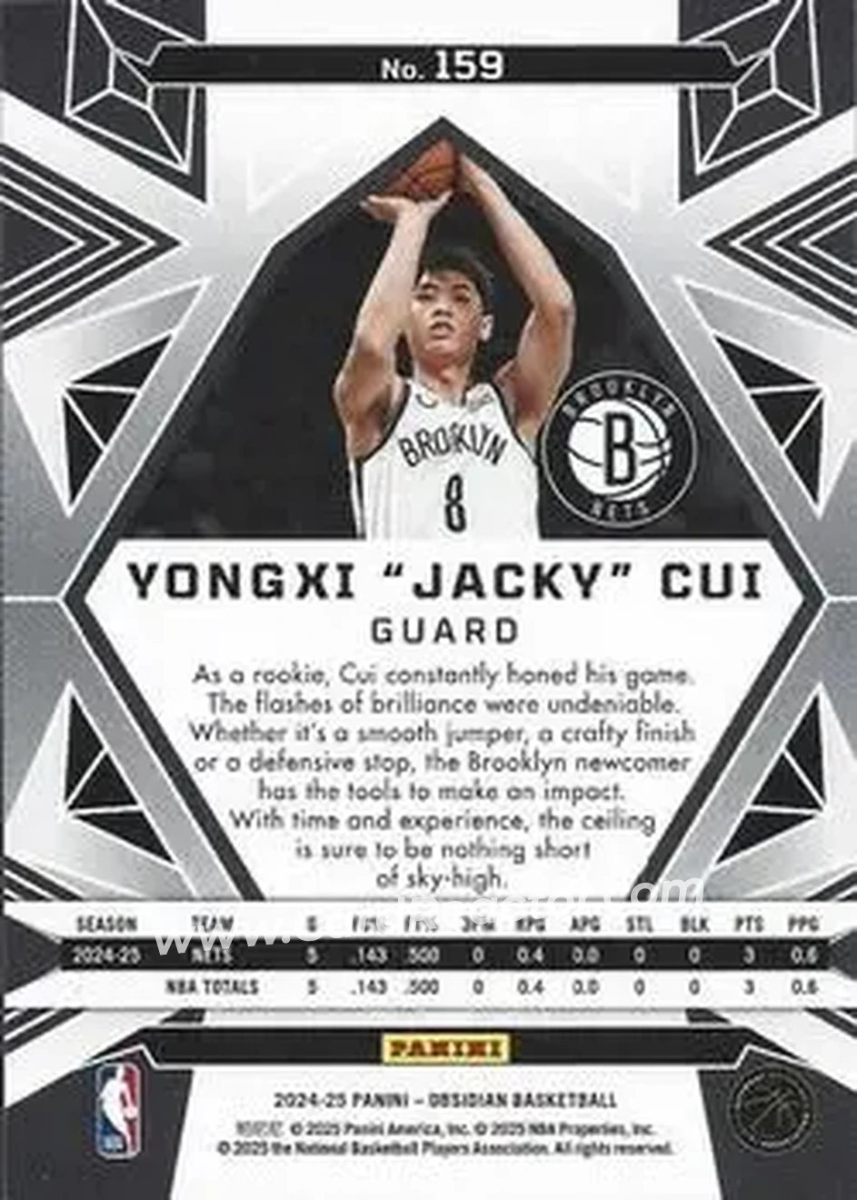 2024-25 Panini Obsidian #159 - Jacky Cui - Brooklyn Nets - Back 2024-25 Panini Obsidian #159 - Jacky Cui - Brooklyn Nets - Back